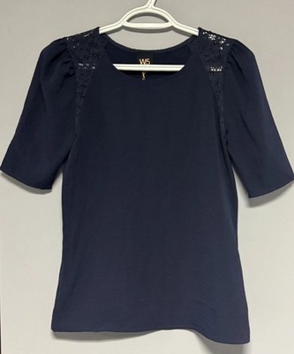 W5 Anthropologie Navy Short Sleeve Lace Detail Top Women s Small Sample NWT