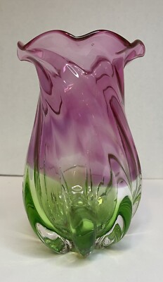 Teleflora Hand Blown Pink & Green Glass Watermelon Vase Ruffle