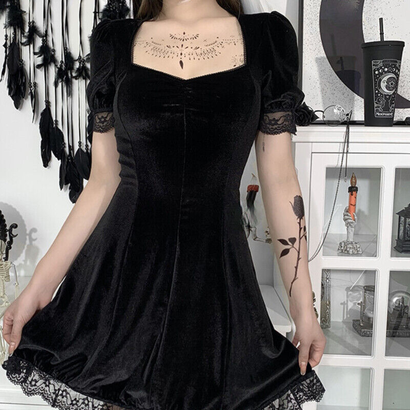 Women Lace Velvet Dress Short Puff Sleeve Retro Gothic Lolita Victorian  Mini