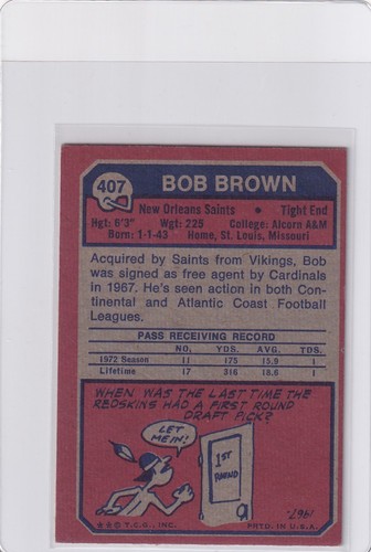 1973 Topps Bob Brown Saints #407 (REVIEW SCANS) (VG/EX) FF62 - Picture 2 of 2