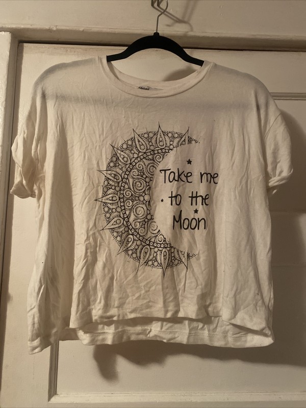 Take me to the Moon Cresent Moon Black Print on White Crop Tee Medium
