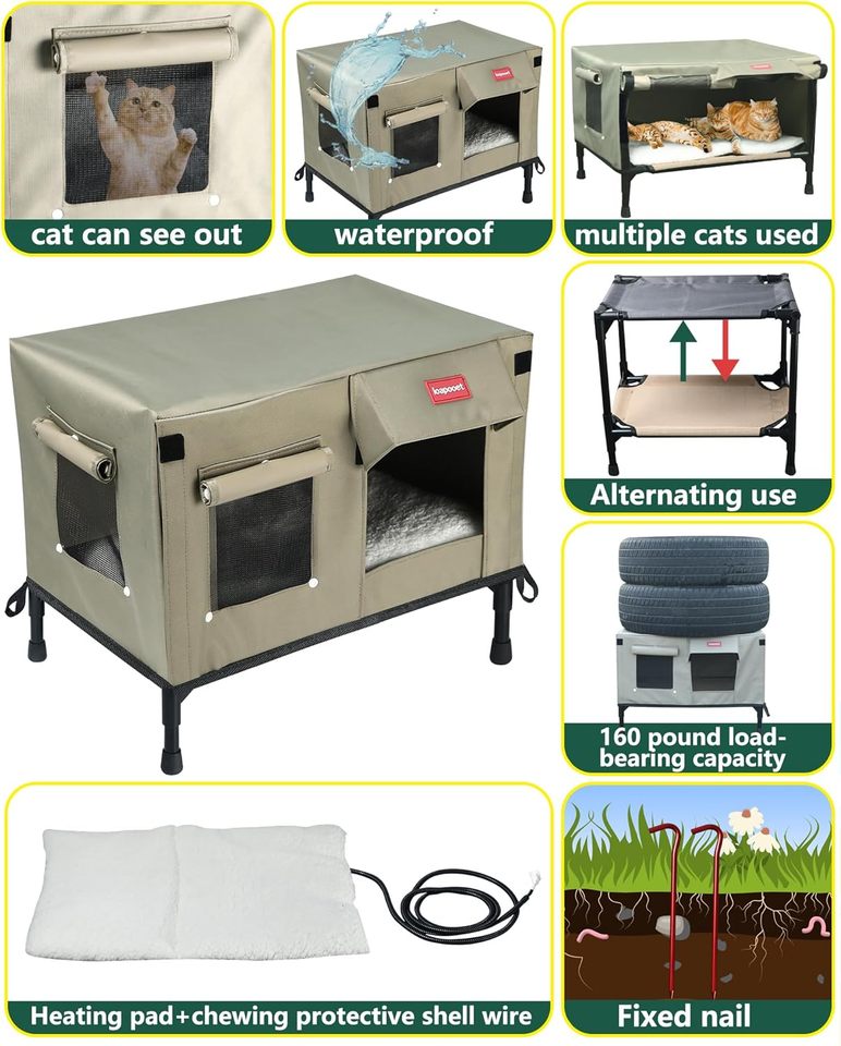 Heated Outdoor Cat House Weatherproof&Insulated Feral Cat House Outdoor