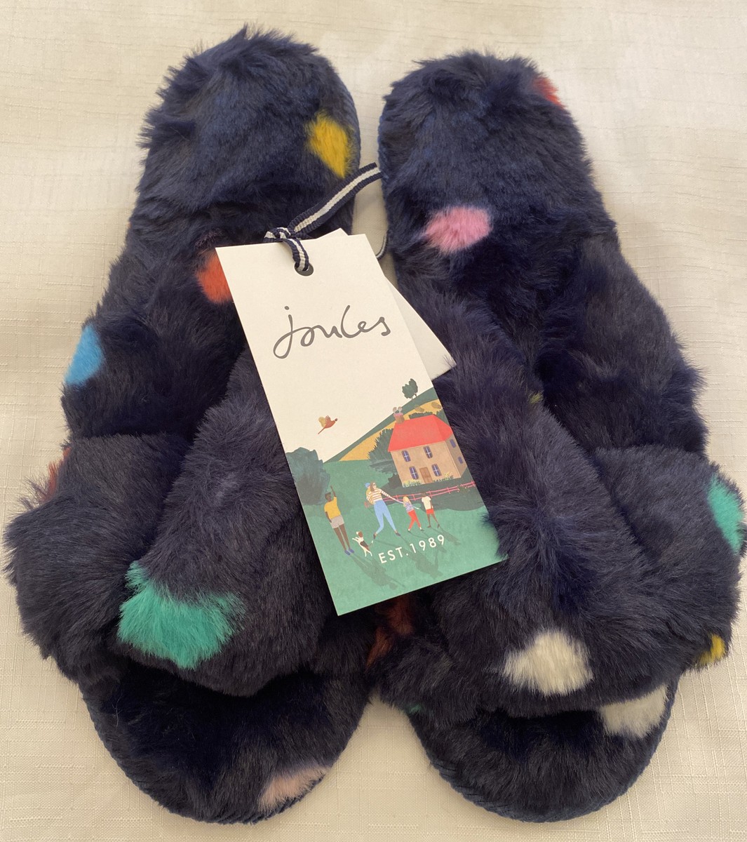 Joules Womens Mabelle Cross Strap Faux Fur Sliders Navy Spot New Size M  UK 5-6