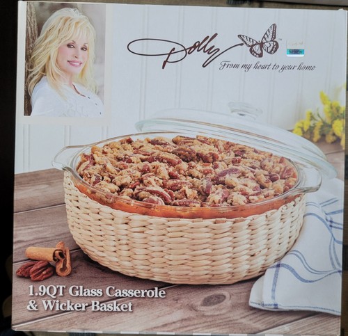Dolly Parton Glass Bakeware, Wicker Basket 1.9 qt Round Dish NIB