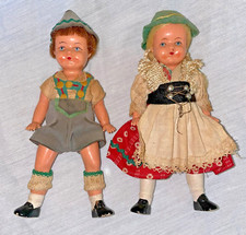 2 Antique German Celluloid Dolls w/ Green Hats Clothes 5 1/2" Hansel Gretel