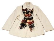 Liz Claiborne Coat Womens Size Large L Jacket Ivory White Wool Plaid Scarf