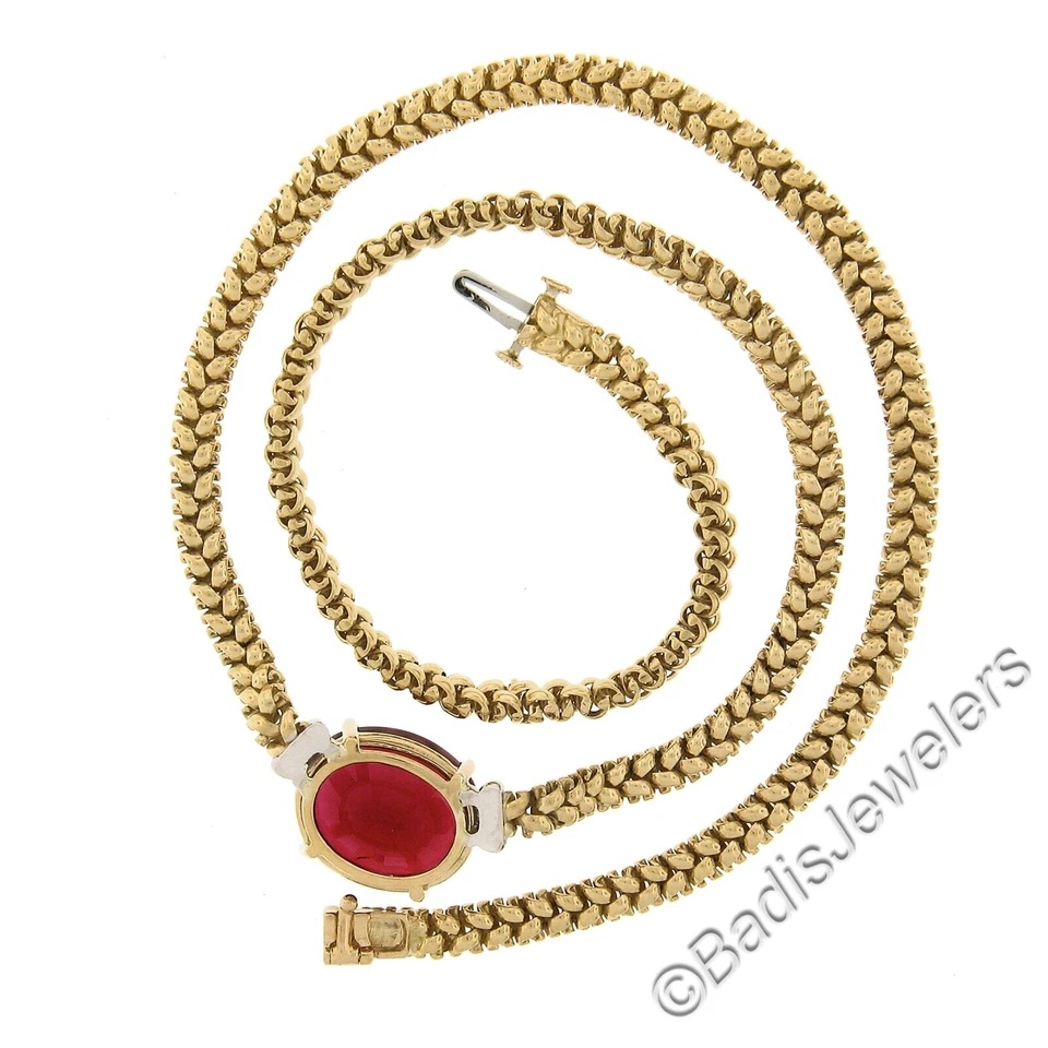 18K Two Tone Gold 12.82ct GIA Large Oval Red Rubellite Tourmaline 16" Necklace - Image 4 of 4