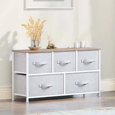 Uforic Fabric Dresser TV Stand with 5 Drawers Bedroom and Closet Light Grey
