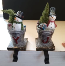 Newman House Christmas Snowmen in Buckets Stocking Holder Set of 2 Mantel Hanger