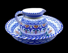 De La Cal Barreira Hand Painted Pottery Wash Basin Pitcher & Bowl Spain Vintage