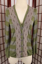 Pleione Light Cardigan Sweater Size Large Green Gray Striped Lace Trim USA Made