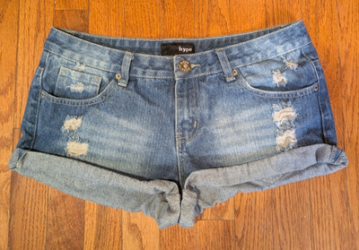 Hype Denim Shorts Womens 11 Blue Distressed Cuffed Low Rise Beach Casual