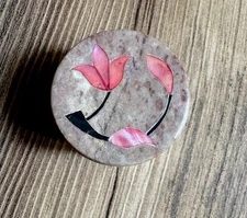 Vintage Crowning Touch Soapstone Trinket Box Round w/Floral Inlay Made in India
