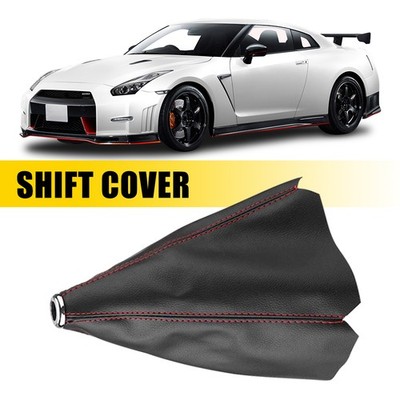 Shift Knob Shifter Boot Cover Universal Gear Black Leather with Red Stitches