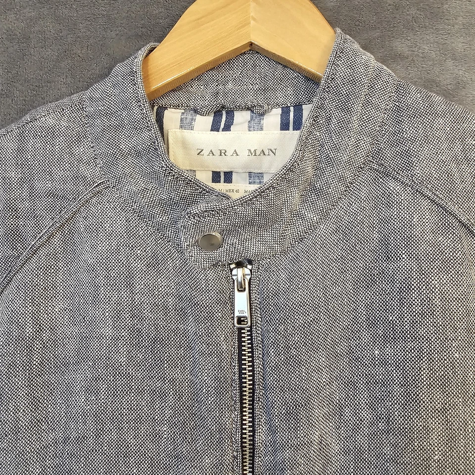 Chaqueta Bomber Zara Hombre 100% Lino Cremallera Completa Para Hombre M Cuello Mandarín Manga Raglán Foto 3 de 4