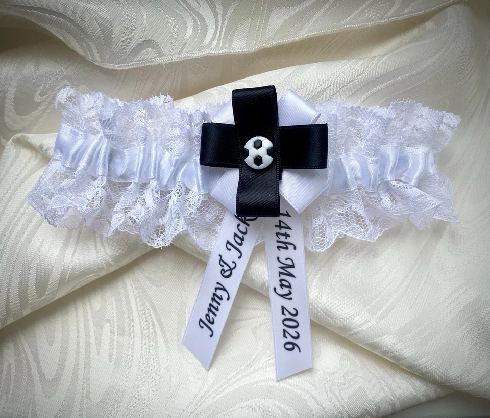 PERSONALISED FOOTBALL TEAM THEMED WEDDING GARTER BLACK AND WHITE COLOURS - Image 3 of 4