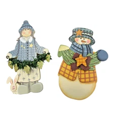 2 Wood Wooden Christmas Wall Plaque Ornaments Snowman & Girl Primitive Rustic 6”