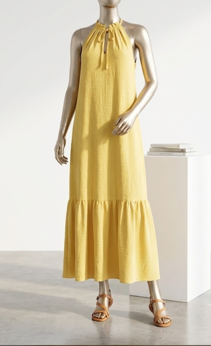 Nine West Yellow Solid Halter Sleeveless Lined Ruffle Woven Maxi Dress L