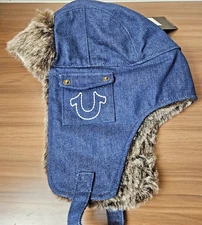 True Religion Winter Trapper Hat Fur Dark Blue Cap Horseshoe Pockets Warm NEW