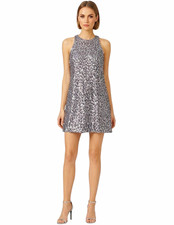 Eliza J Silver Sequin High Neck Sleeveless Lined A-Line Short Dress Sz 8