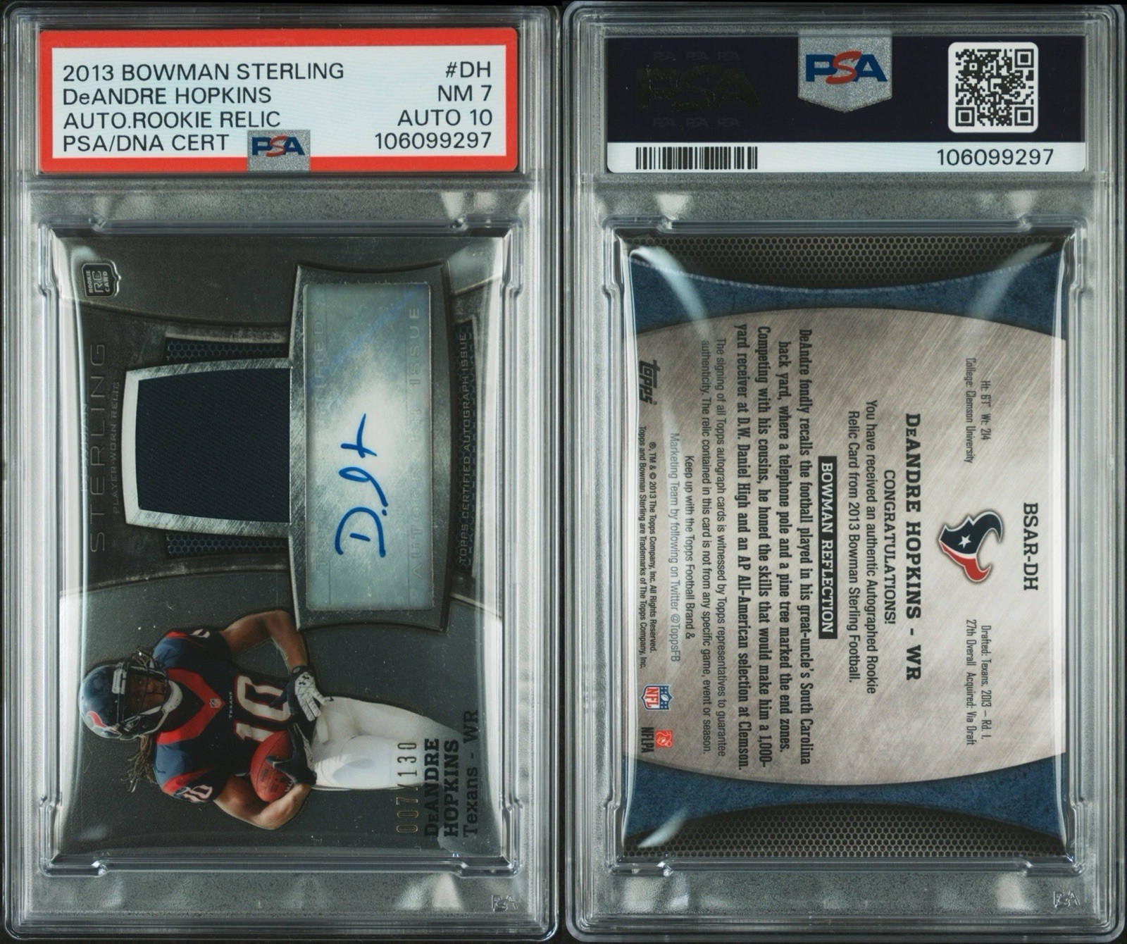2013 Bowman DeAndre Hopkins Auto Rookie Relic 007/130 PSA 7 auto grade 10 POP 1 view 3