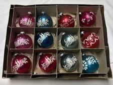 12 Vintage Shiny Brite Glass Stencil Christmas Ornaments 2.5” With Box