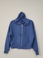 DKNY Womens Cropped Activewear Hoodie Sz Medium Full Zip Pockets Blue