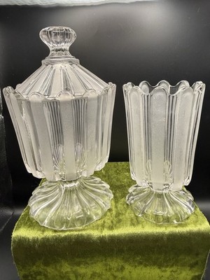 Vintage EAPG Bakewell Pears Co. Frosted Ribbon Set - Lidded Bowl & Open Spooner