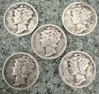 Lot of 5  Mercury Silver Dimes 1940–1945 P | 90% Silver | Better Condition