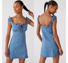 NEW Urban Outfitters Coquette Babydoll Nayda Denim Ruffle Mini Dress M
