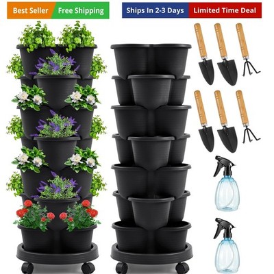 2 Set of 7 Tier Stackable Vertical Planters with Removable Wheels and Tools T...