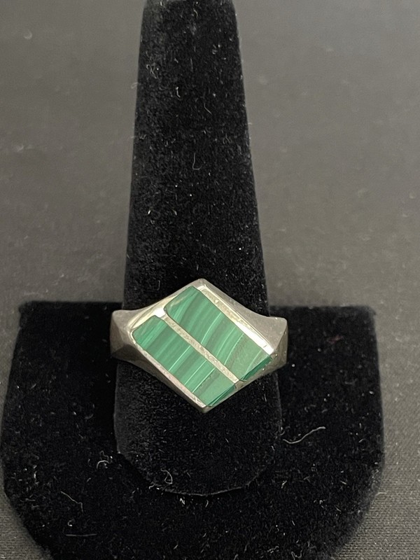 Vintage Heavy Taxco Sterling Silver Malachite Inlay Signet Ring Size 11.75