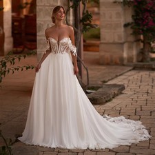 Charming Off The Shoulder Lace Applique A Line Wedding Dresses Custom Made