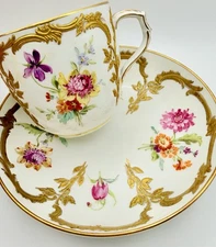 Antique KPM Berlin Neuzierat Tea Cup & Saucer Hand Painted Flowers Applied Gold