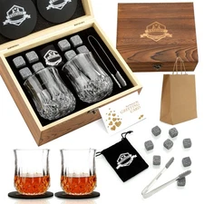 Whiskey Stones and Whiskey Glass Gift Box Set, Idea for Men Dad, 8 Granite Ch...