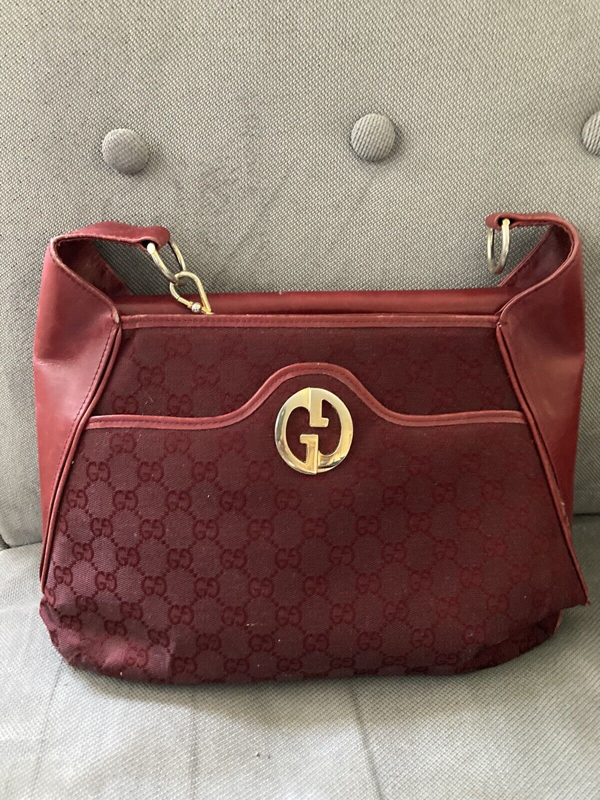 Vintage Gucci Burgundy Leather Canvas Monogram Shoulder Bag Purse Made In  Italy