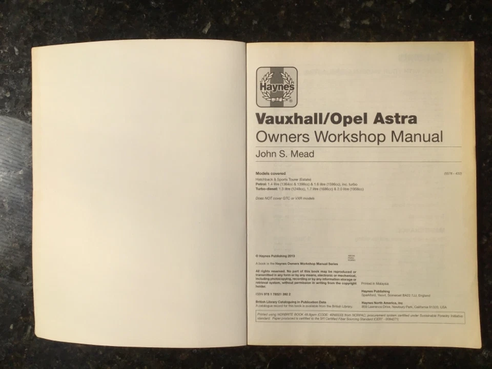 VAUXHALL ASTRA Petrol & Diesel Models 09 to 13 SERVICE REPAIR MANUAL BY HAYNES - Image 2 of 4