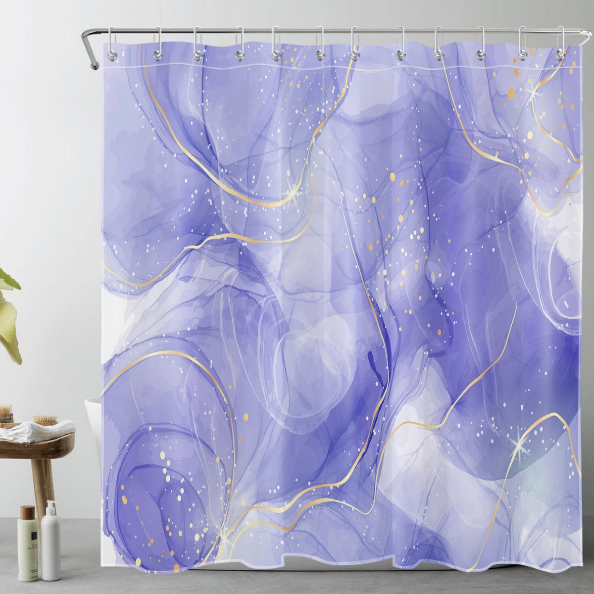 TERSUM No-Hook Marble Shower Curtain With Snap-in Liner – Purple & Gold Abstract Marble Design, Waterproof & Easy Install – 71x74 Inches For Bathroom Decor
