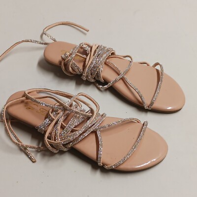 Vigo Fiore Rhinestone Studded Sparkle Strappy Tie Up Sandal Size Tan Nude 