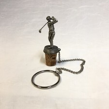 Pewter Golf Player Wine Bottle Stopper Cork Chain Ring Golfer