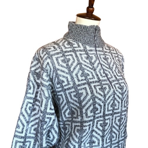Vintage L Large Acrylic Sweater A Benedetto Pullover Gray White Print - Picture 11 of 12