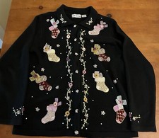 VINTAGE BP Design Christmas Cardigan Embroidered Beaded Roses Stocking Sz M
