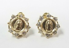 14k Yellow Gold Virgin Mary Clear CZ Round Kids All Ages Earrings Small Studs