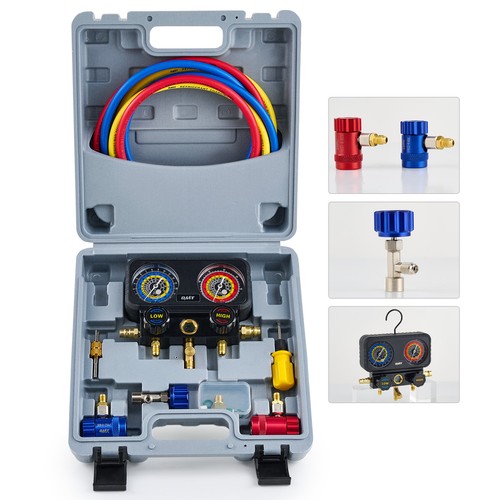 OMT 3 Way AC Manifold Gauge Set HVAC Gauges w Hoses for R1234yf Freon