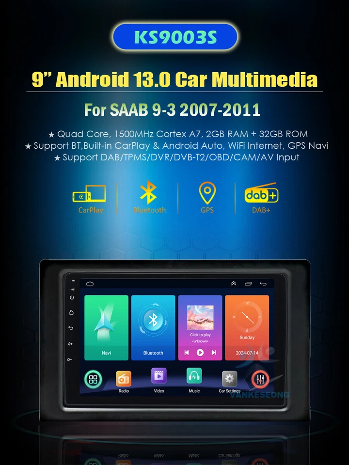 9" Touchscreen Navigation CarPlay Autoradio Für Saab 9-3 2007-2011 DAB Android13 - Bild 3 von 4