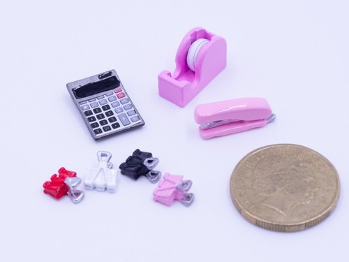 Dollhouse Miniature Pink Stationery Set - Stapler Calculator Clips Sticky Tape - Picture 3 of 3