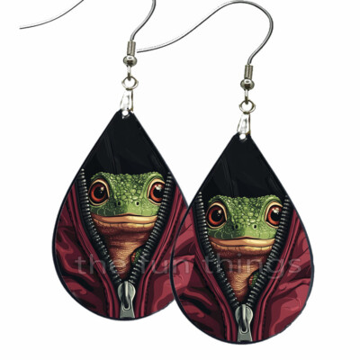 Zipper Peeking Lizard Earrings Teardrop NO TARNISH Wood Whimsical Jewelry Gift