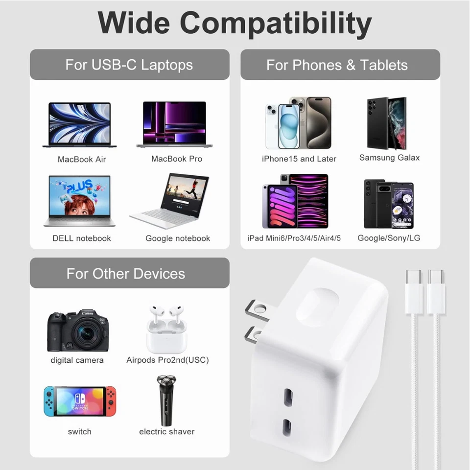 35W Dual USB C Fast Wall Charger Adapter Type C PD Cable For iPhone 15 16 Pro LG - Image 3 of 4