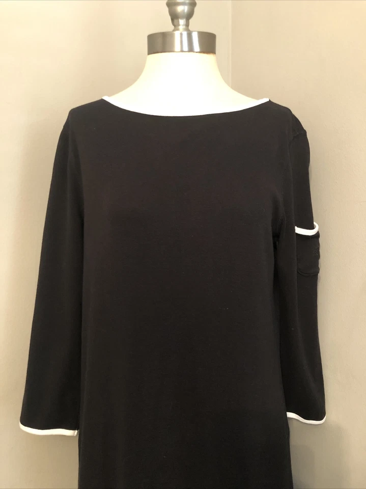 Maxi Vestido De Colección Años 90 Lauren Ralph Lauren Negro Algodón Tejido Blanco Tubería 3/4 Slv M Foto 2 de 4