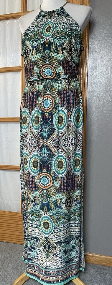 Maxi Vestido Halter Para Mujer Talla 10 Verde Artístico Boho Campesino Abertura Alta Foto 2 de 4